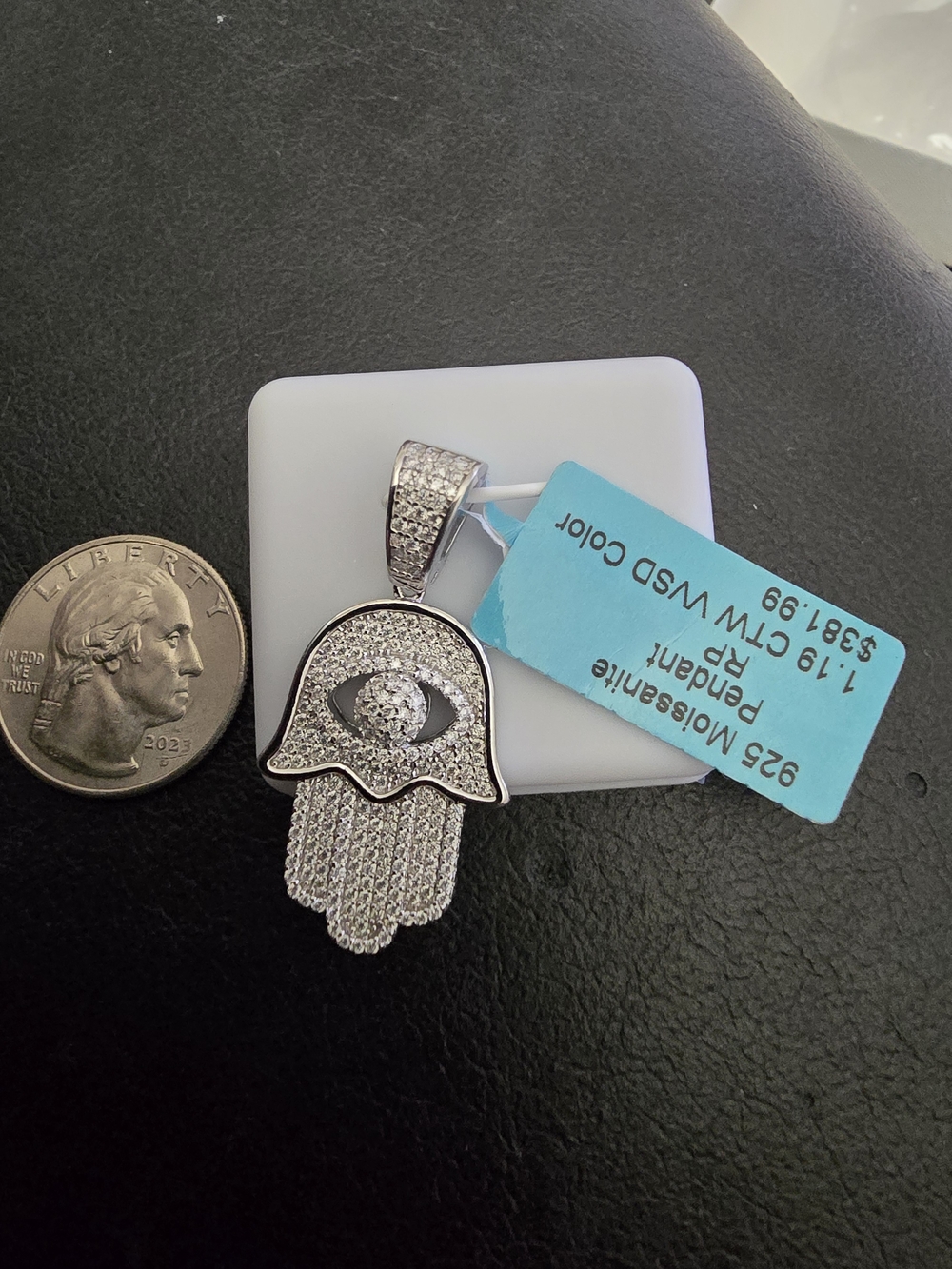 Sterling Silver Hamsa Hand Pendant with Moissanite - Picture 2 of 2